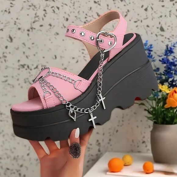 Pink and Black Platform Sandals with Floral Straps - Picture 3 of 10